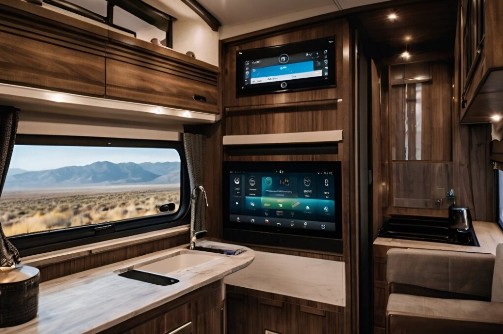 Ein vernetztes Wohnmobil mit integrierten Smart-Home-Funktionen, das es Reisenden ermöglicht, Beleuchtung, Temperatur und Unterhaltungssysteme von unterwegs aus über eine mobile App zu steuern.