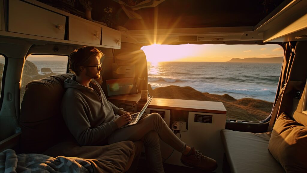 Älterer Mann arbeitet am Laptop im Wohnmobil mit Blick auf die Natur vor dem Fenster. Konzept der Freiheit und des Vanlife-Lebensstils. Intelligente Fernarbeit online