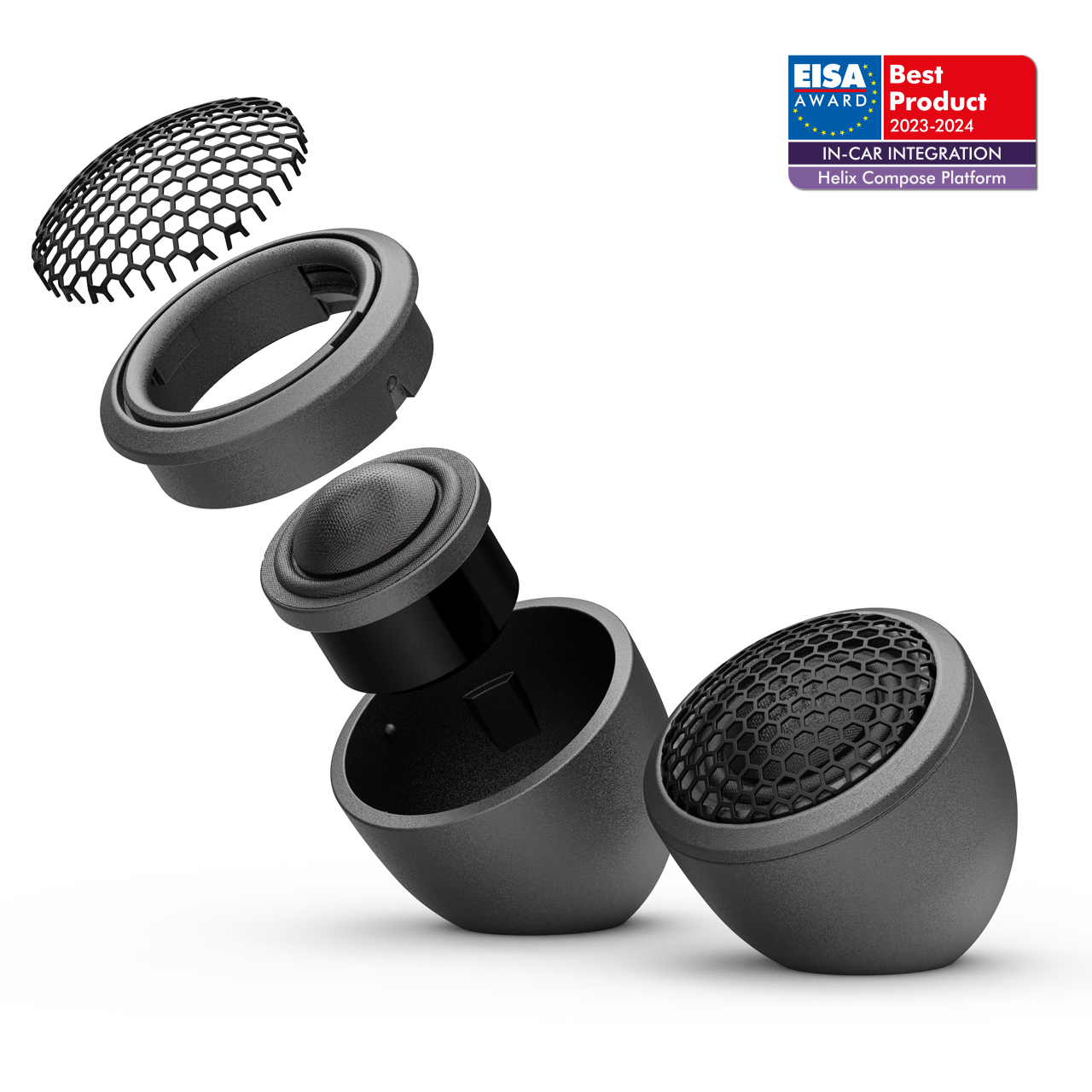 Explodierter schwarzer Lautsprecher mit offen gelegten Komponenten und EISA Award Siegel