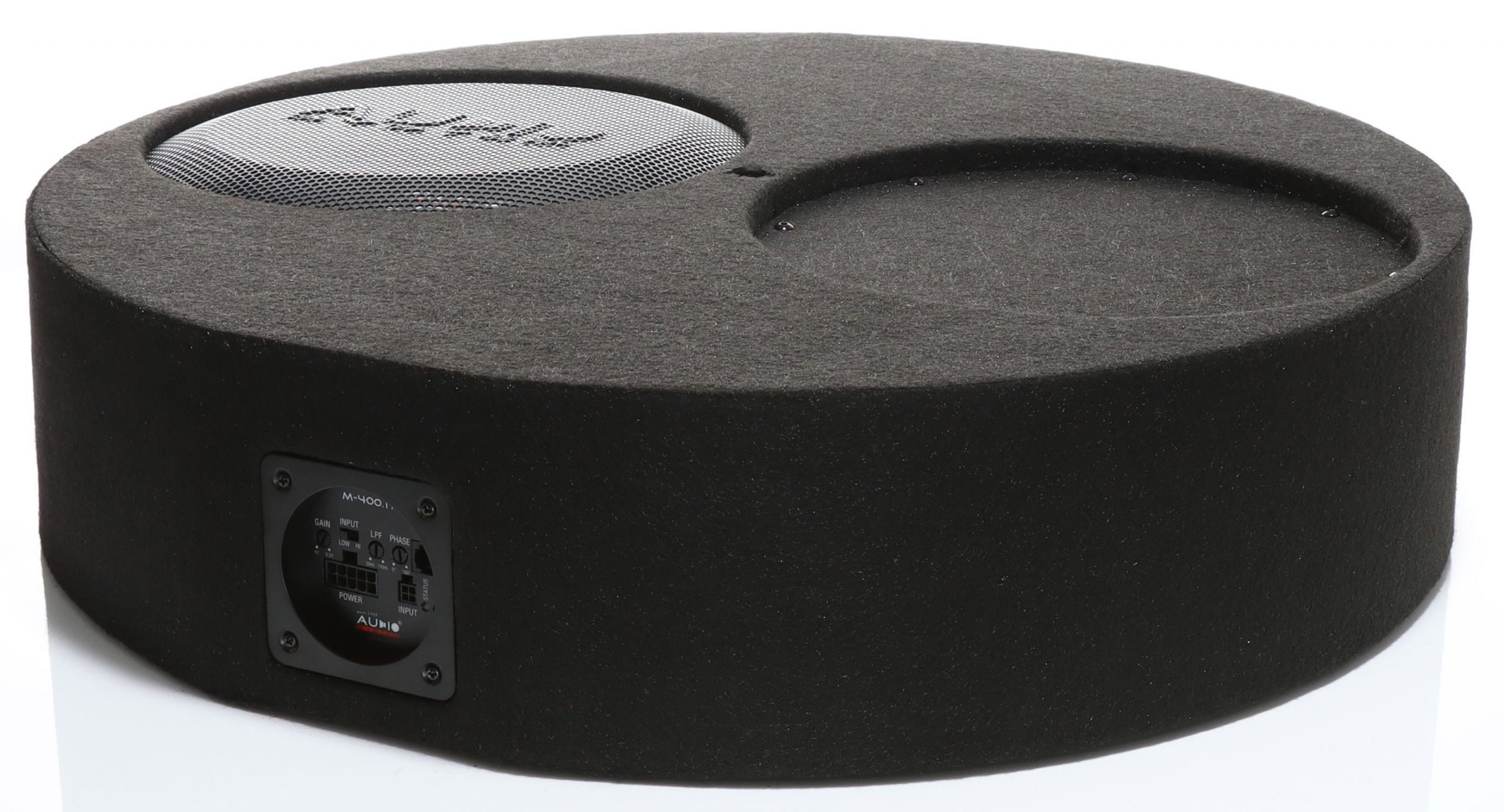 Schwarzer runder Subwoofer mit Metallgitter und freiem Platz für ein weiteres Element