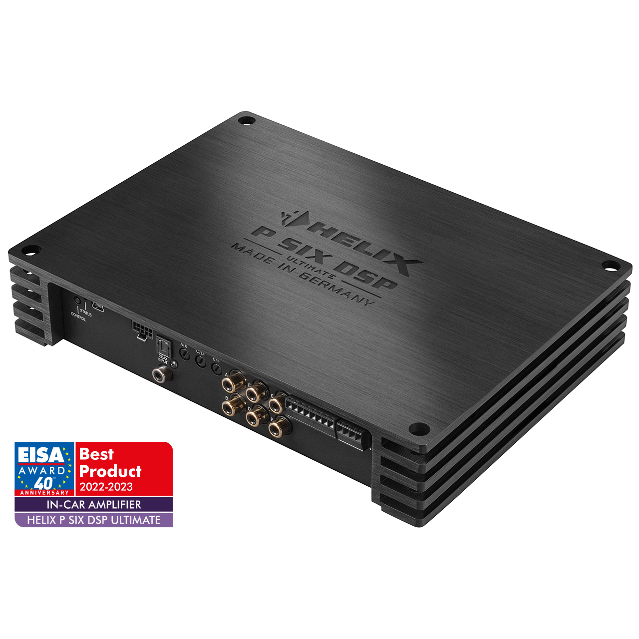 Schwarzer Helix P Six DSP Verstärker mit metallischem Finish und Anschlussbuchsen